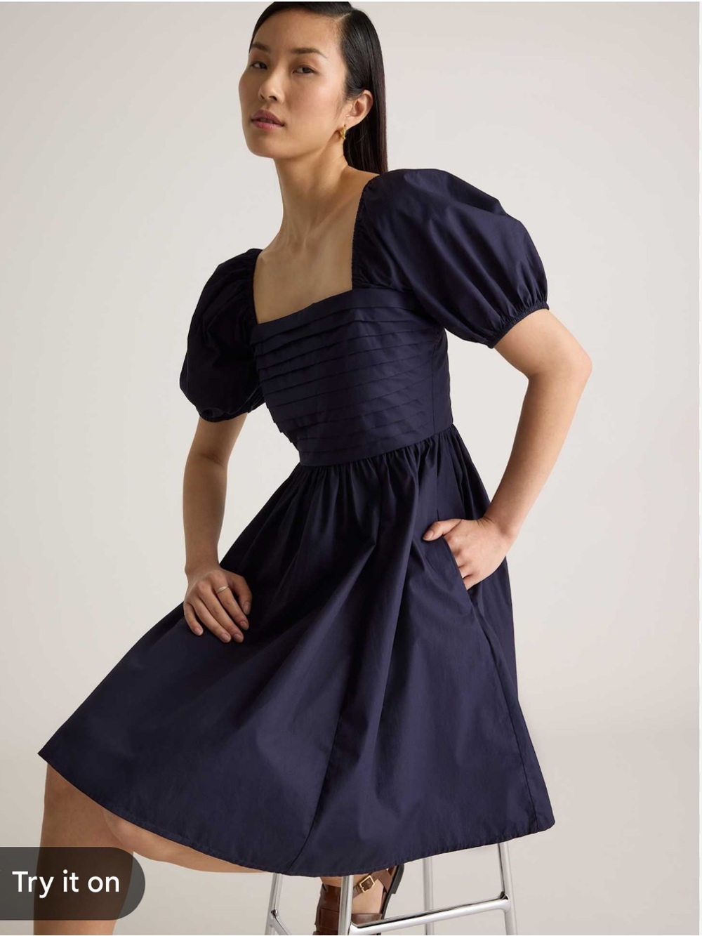 NWOT Quince 100% Organic Cotton Puff-Sleeve Ruched Mini Dress